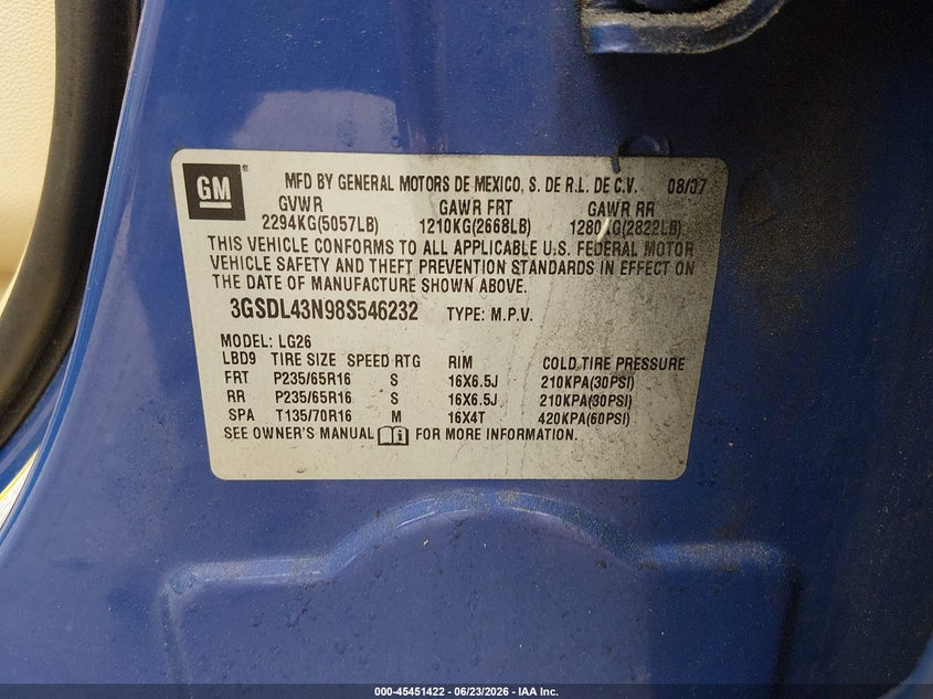 2008 Saturn Vue V6 Xe VIN: 3GSDL43N98S546232 Lot: 45451422