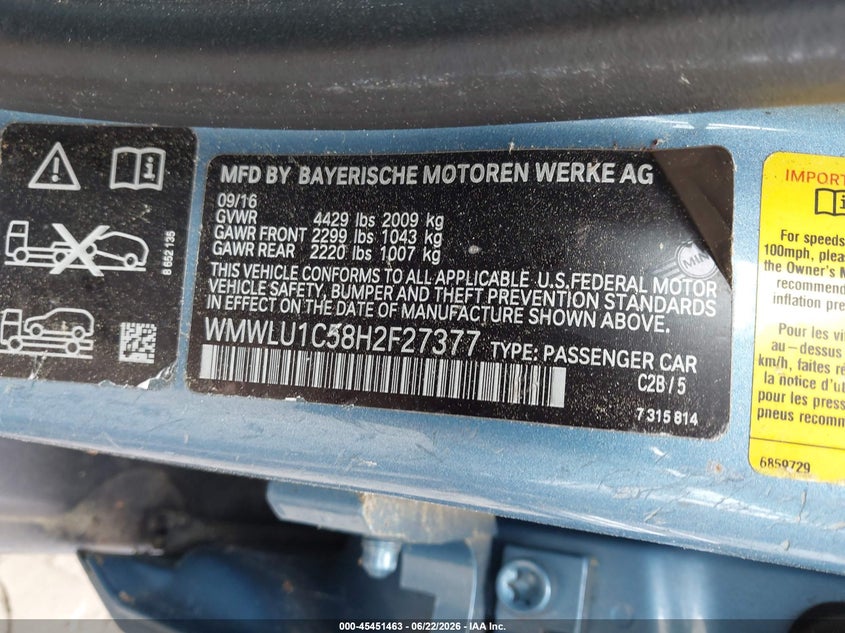 2017 Mini Clubman Cooper VIN: WMWLU1C58H2F27377 Lot: 45451463