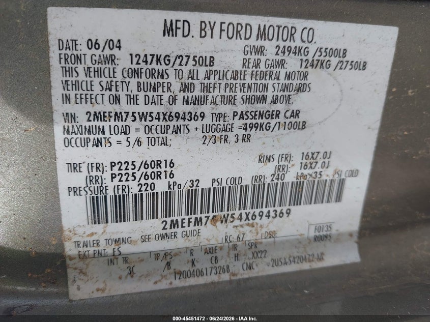 2004 Mercury Grand Marquis Ls VIN: 2MEFM75W54X694369 Lot: 45451472