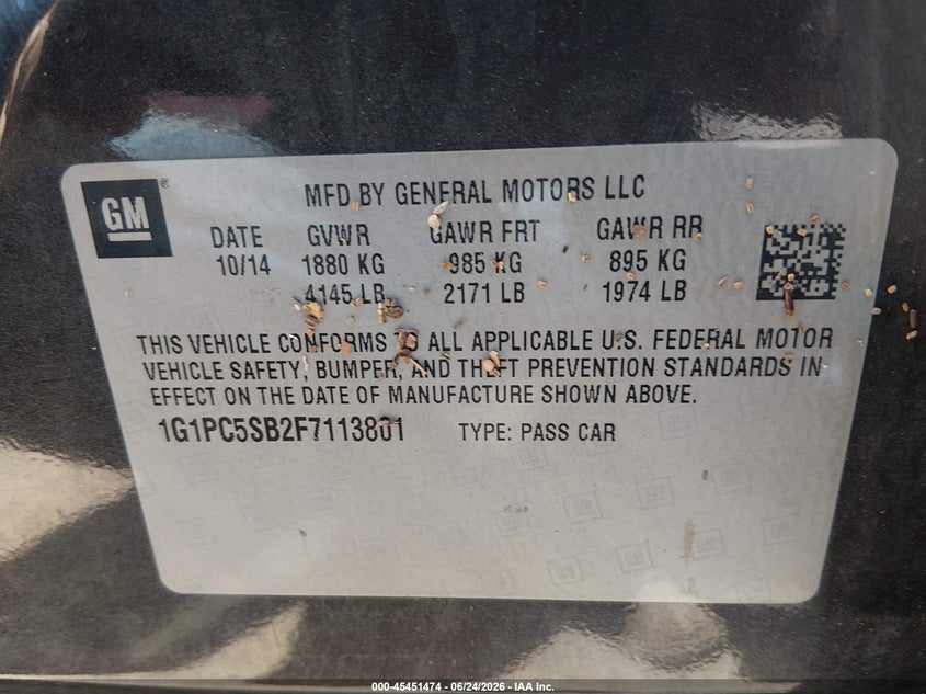 CHEVROLET CRUZE 2015 VIN 1G1PC5SB2F7113801