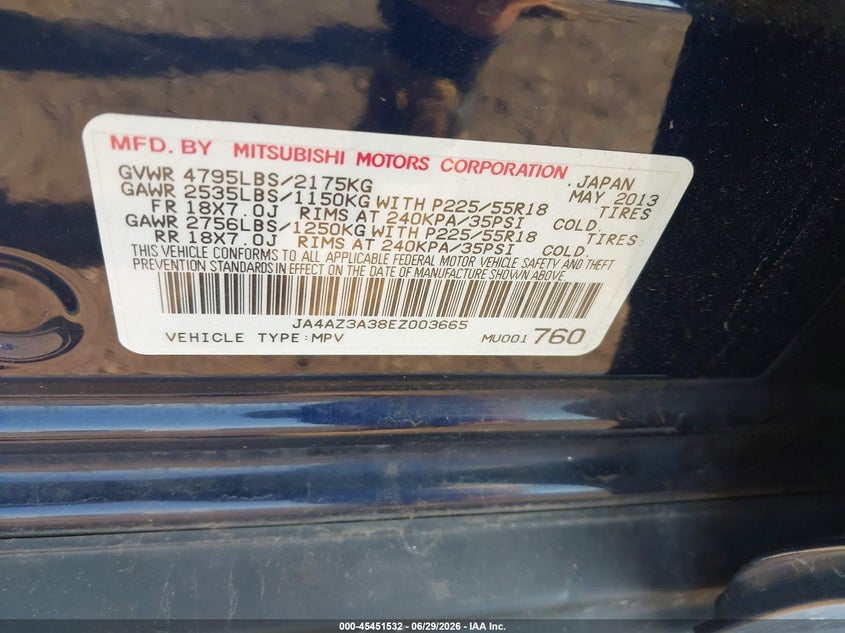 2014 MITSUBISHI OUTLANDER SPORT UTILITY VEHICLE 2.4L I-4 VVT, 166HP
