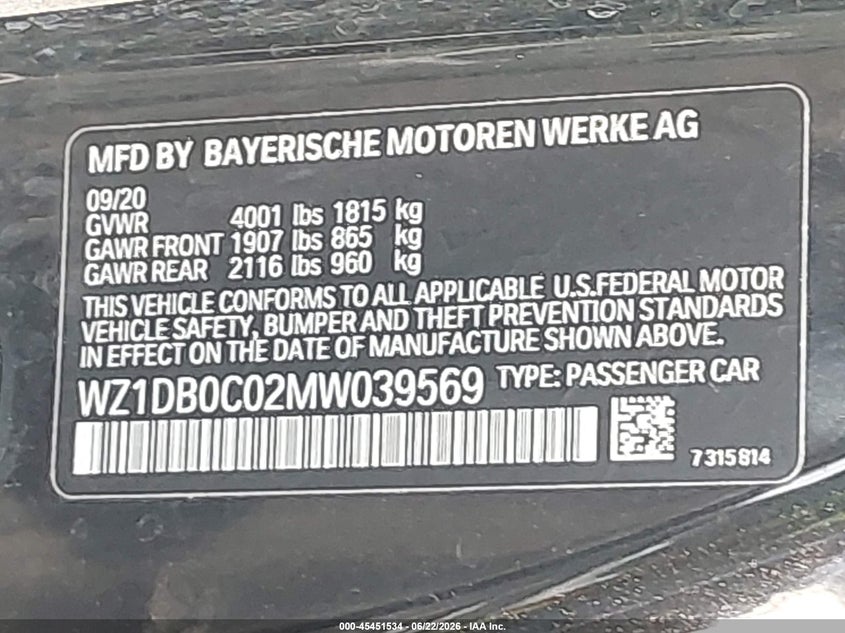 2021 Toyota Gr Supra 3.0 Premium VIN: WZ1DB0C02MW039569 Lot: 45451534