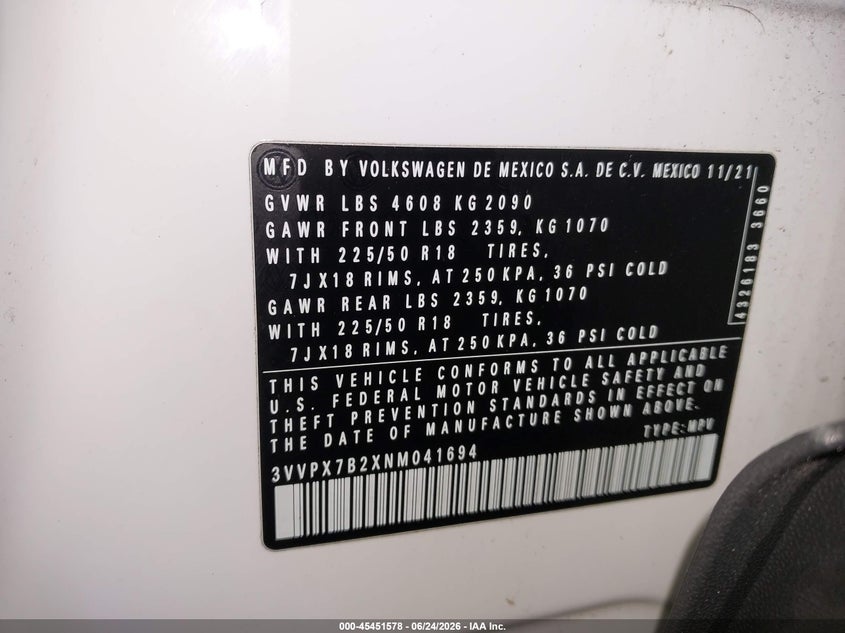 2022 Volkswagen Taos 1.5T Se VIN: 3VVPX7B2XNM041694 Lot: 45451578