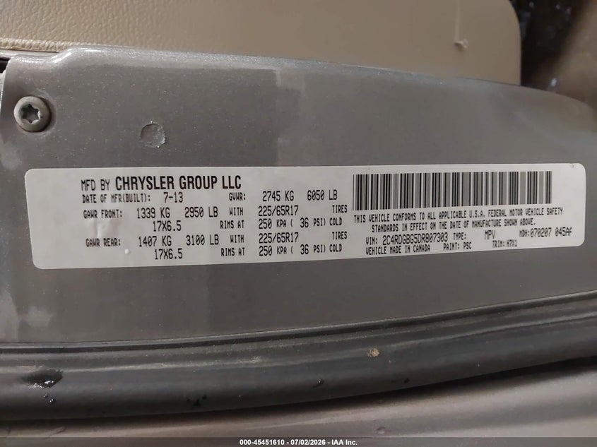 DODGE GRAND CARAVAN 2013 VIN 2C4RDGBG5DR807303