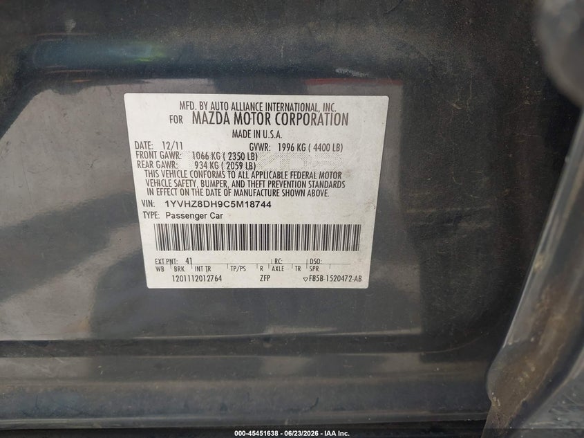 2012 Mazda Mazda6 I Touring VIN: 1YVHZ8DH9C5M18744 Lot: 45451638