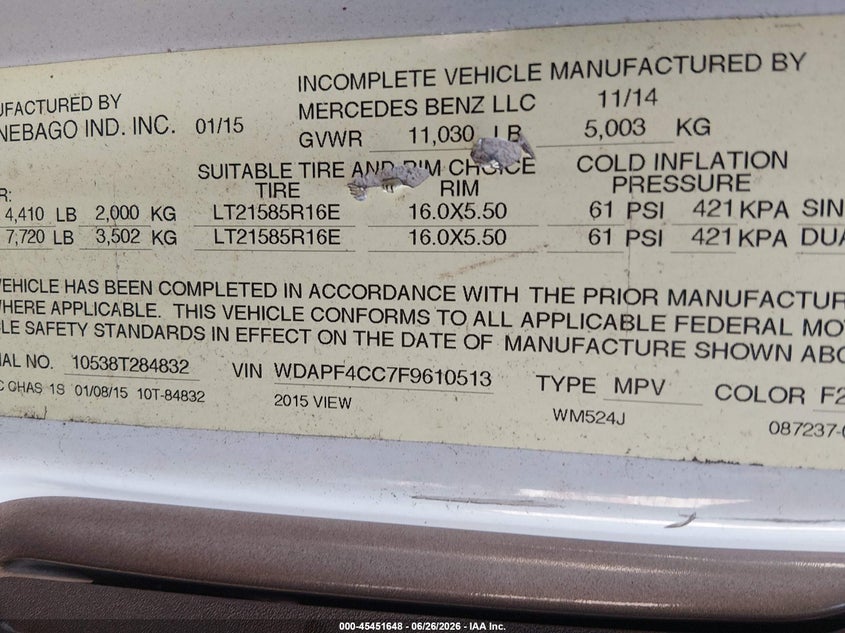 2015 Mercedes-Benz Sprinter 3500 VIN: WDAPF4CC7F9610513 Lot: 45451648