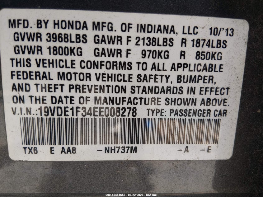 2014 Acura Ilx 2.0L VIN: 19VDE1F34EE008278 Lot: 45451653