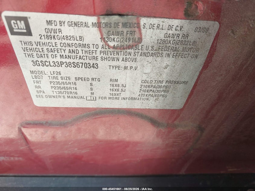 2008 Saturn Vue 4-Cyl Xe VIN: 3GSCL33P38S670343 Lot: 45451661