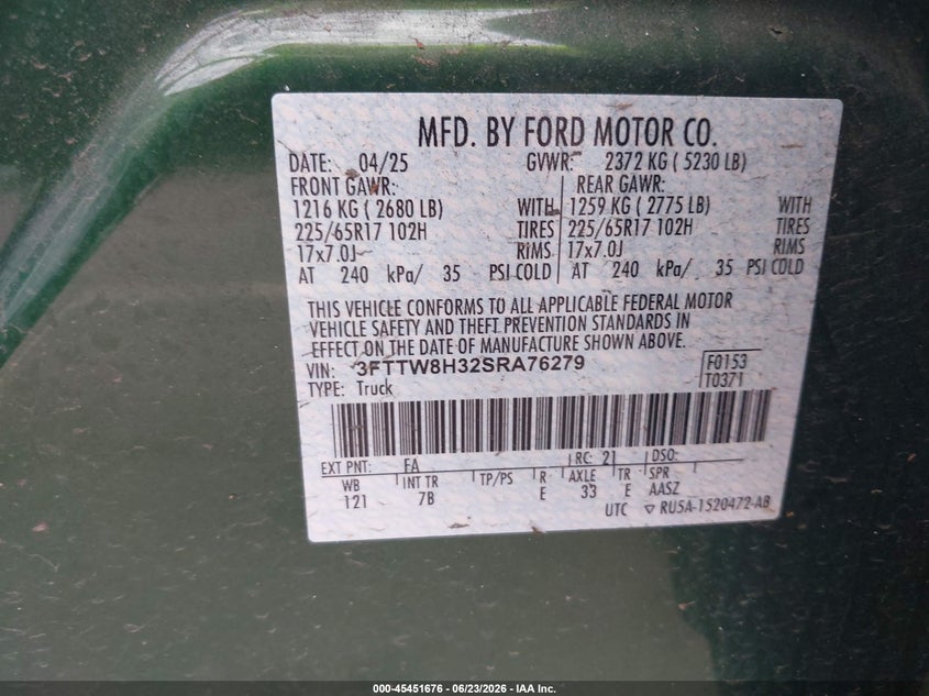 2025 Ford Maverick Xlt VIN: 3FTTW8H32SRA76279 Lot: 45451676