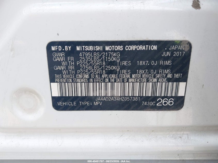 2017 Mitsubishi Outlander Es VIN: JA4AD2A34HZ057381 Lot: 45451707