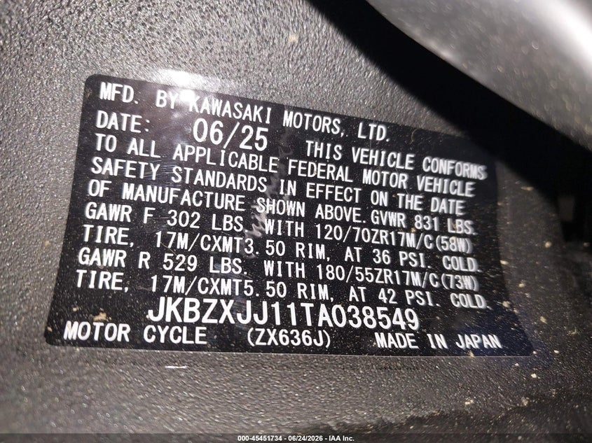 2026 Kawasaki Zx636 K VIN: JKBZXJJ11TA038549 Lot: 45451734