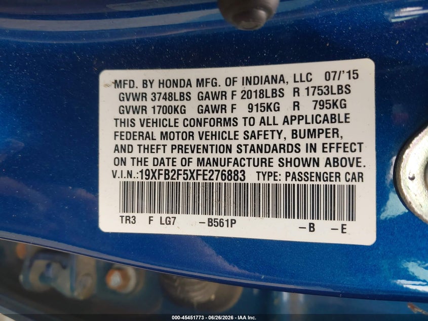 HONDA CIVIC 2015 VIN 19XFB2F5XFE276883