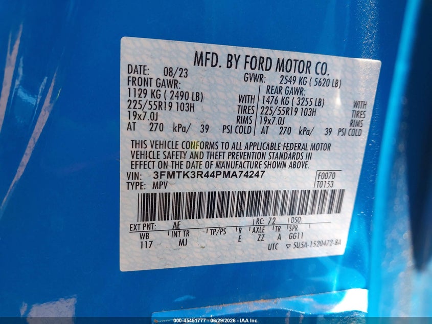2023 FORD MUSTANG MACH-E(VIN: 3FMTK3R44PMA74247