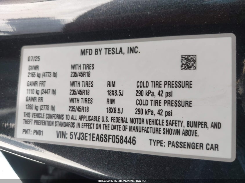 2025 TESLA MODEL 3 SEDAN ELECTRIC