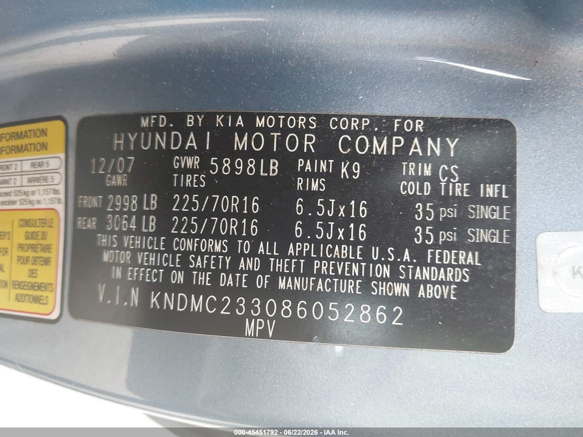 2008 Hyundai Entourage Gls/Limited VIN: KNDMC233086052862 Lot: 45451792