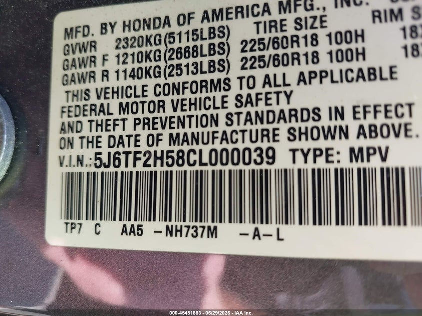2012 Honda Crosstour Ex-L VIN: 5J6TF2H58CL000039 Lot: 45451883