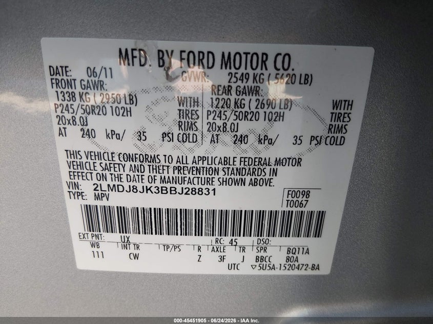 2011 Lincoln Mkx VIN: 2LMDJ8JK3BBJ28831 Lot: 45451905