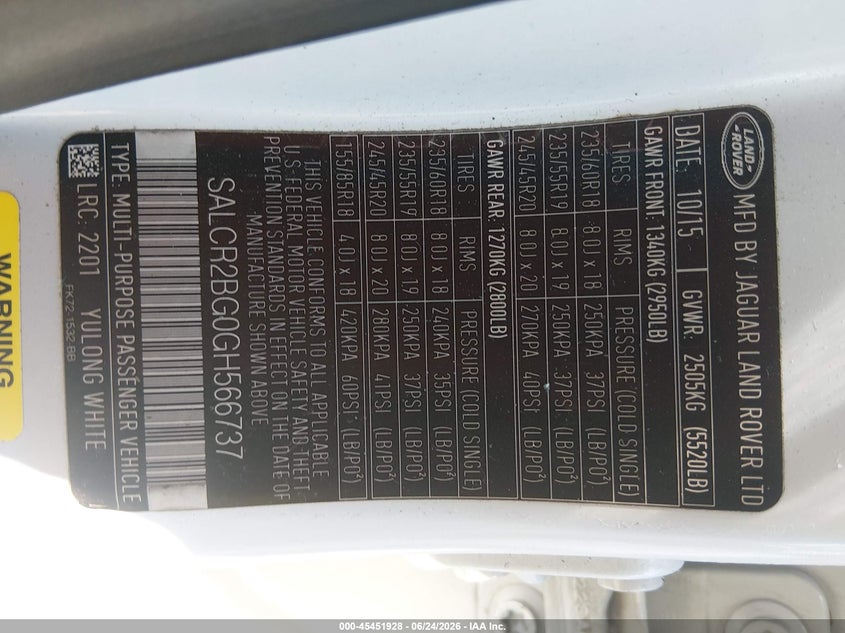 2016 Land Rover Discovery Sport Hse VIN: SALCR2BG0GH566737 Lot: 45451928