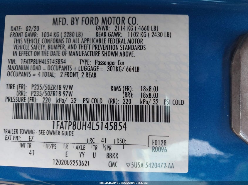 2020 Ford Mustang Ecoboost Premium VIN: 1FATP8UH4L5145854 Lot: 45452012