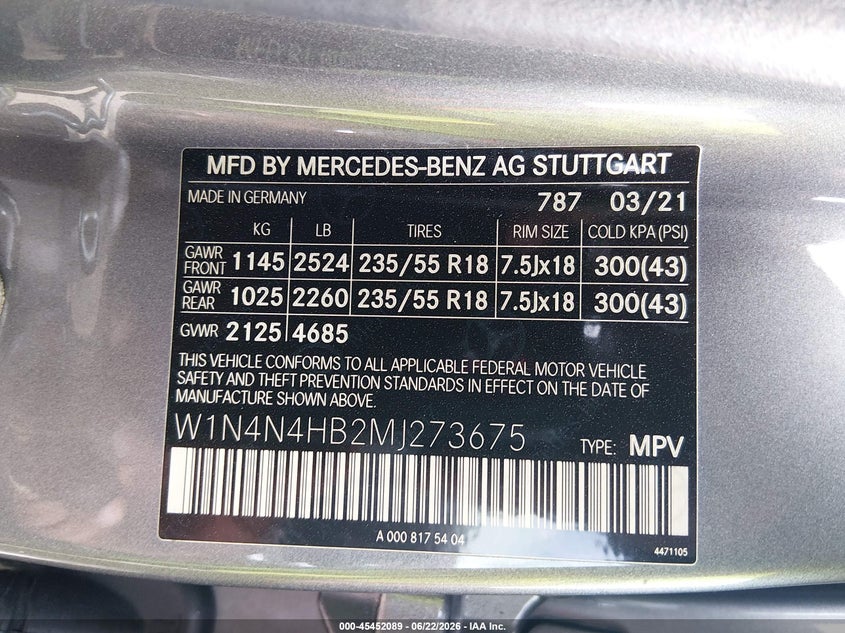 2021 Mercedes-Benz Gla 250 4Matic VIN: W1N4N4HB2MJ273675 Lot: 45452089