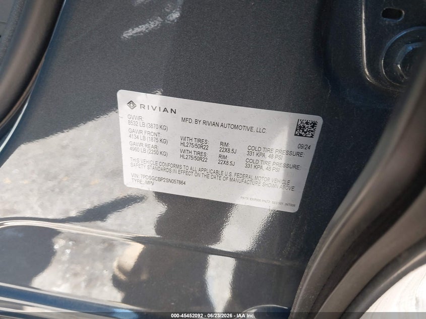 2025 Rivian R1S Ascend Tri Motor Max Pack/Premium Tri Motor Max Pack VIN: 7PDSGCBP2SN057864 Lot: 45452092