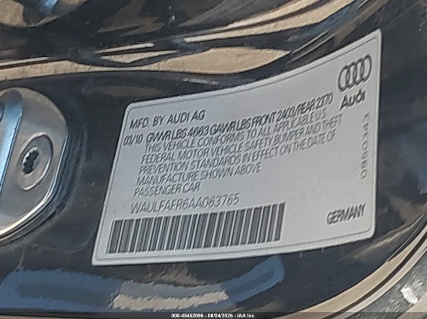 2010 Audi A5 2.0T Premium VIN: WAULFAFR6AA063765 Lot: 45452096