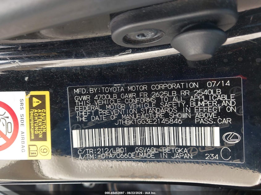 2014 Lexus Es 350 VIN: JTHBK1GG3E2145846 Lot: 45452097