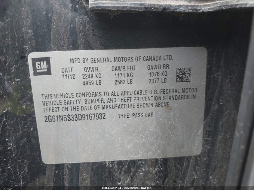 2013 Cadillac Xts Standard VIN: 2G61N5S33D9167932 Lot: 45452134