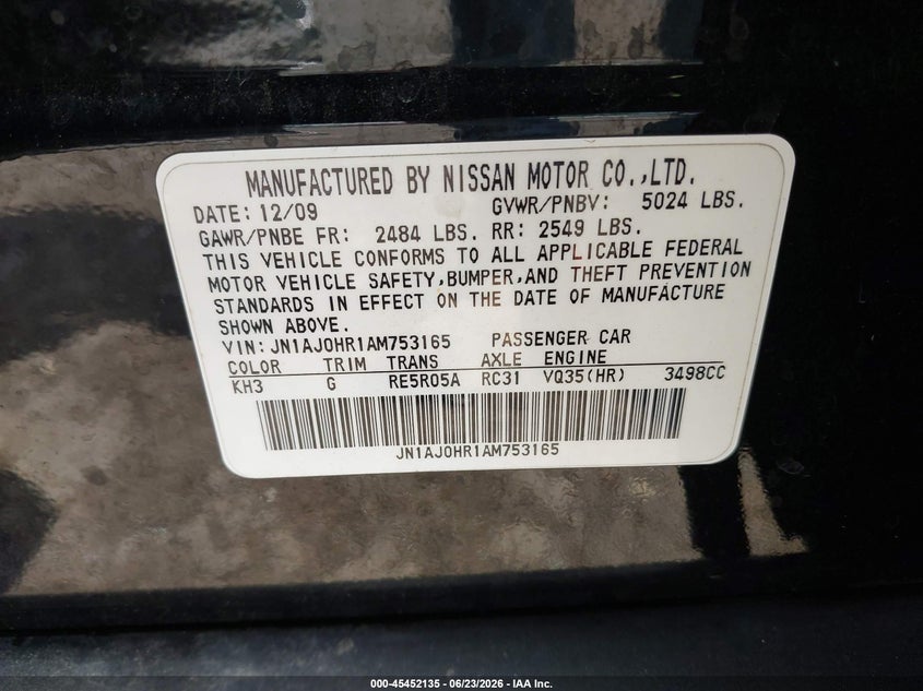 2010 Infiniti Ex35 Journey VIN: JN1AJ0HR1AM753165 Lot: 45452135