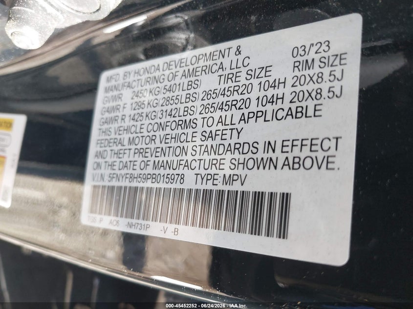 2023 Honda Passport Awd Ex-L VIN: 5FNYF8H59PB015978 Lot: 45452252