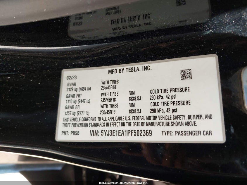 2023 Tesla Model 3 Rear-Wheel Drive VIN: 5YJ3E1EA1PF502369 Lot: 45452462