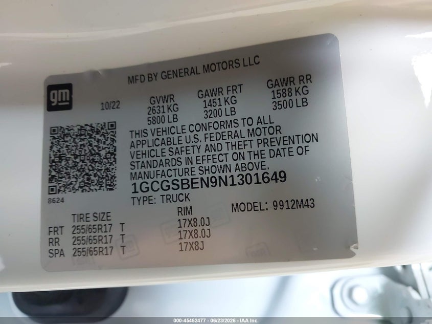 2022 Chevrolet Colorado 2Wd Short Box Wt VIN: 1GCGSBEN9N1301649 Lot: 45452477