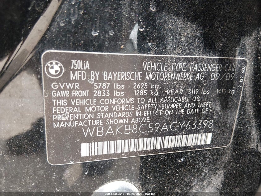 2010 BMW 750Li VIN: WBAKB8C59ACY63398 Lot: 45452513