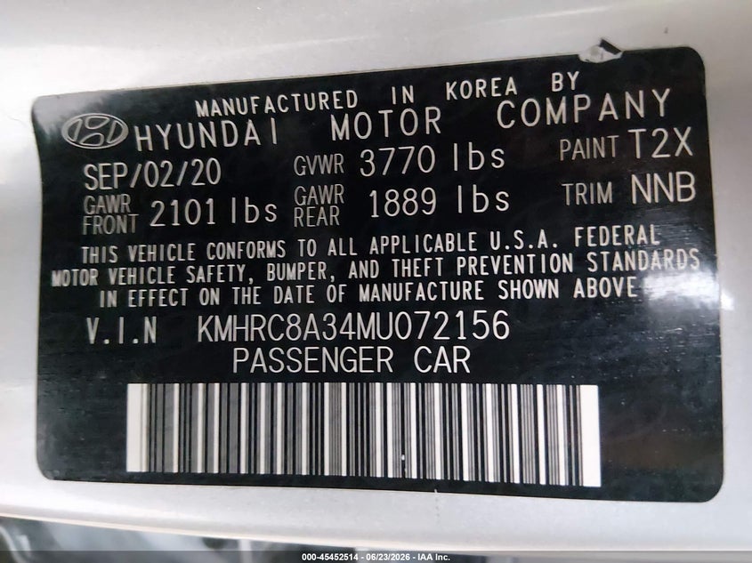 2021 Hyundai Venue Sel VIN: KMHRC8A34MU072156 Lot: 45452514