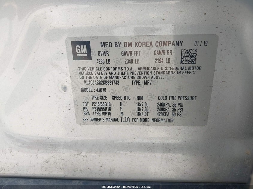 2019 Buick Encore Fwd Preferred VIN: KL4CJASB2KB831743 Lot: 45452561
