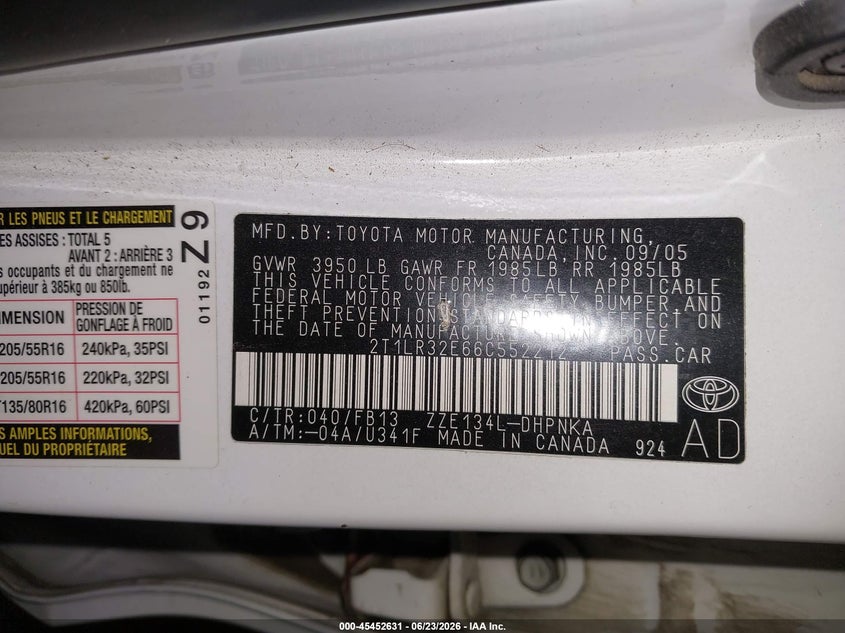 2006 Toyota Matrix Xr VIN: 2T1LR32E66C552212 Lot: 45452631