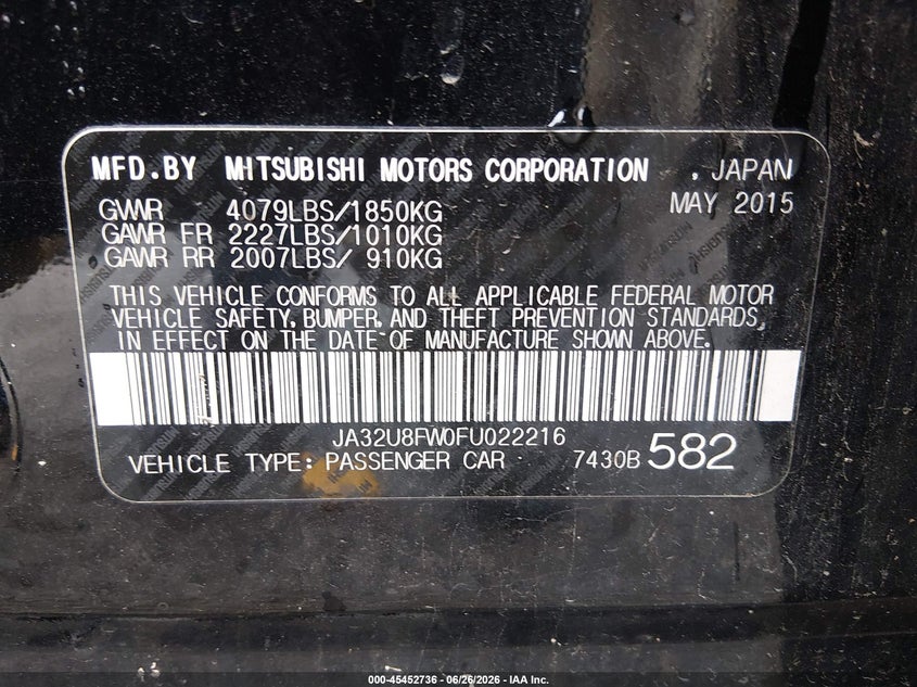 2015 Mitsubishi Lancer Gt VIN: JA32U8FW0FU022216 Lot: 45452736
