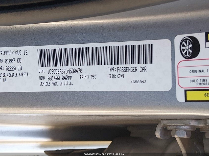 2013 Dodge Avenger Se VIN: 1C3CDZAB7DN530470 Lot: 45452803
