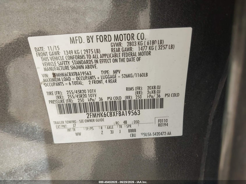 2015 Ford Flex Sel VIN: 2FMHK6C8XFBA19563 Lot: 45452825