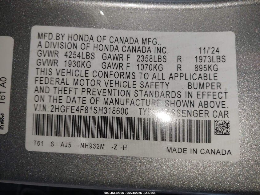 HONDA CIVIC HYBRID 2025 VIN 2HGFE4F81SH318600