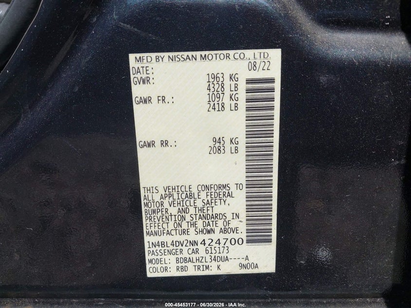 NISSAN ALTIMA 2022 VIN 1N4BL4DV2NN424700
