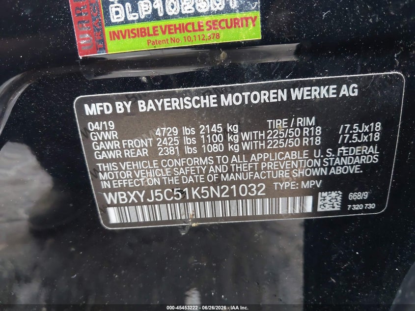 2019 BMW X2 xDrive28I VIN: WBXYJ5C51K5N21032 Lot: 45453222