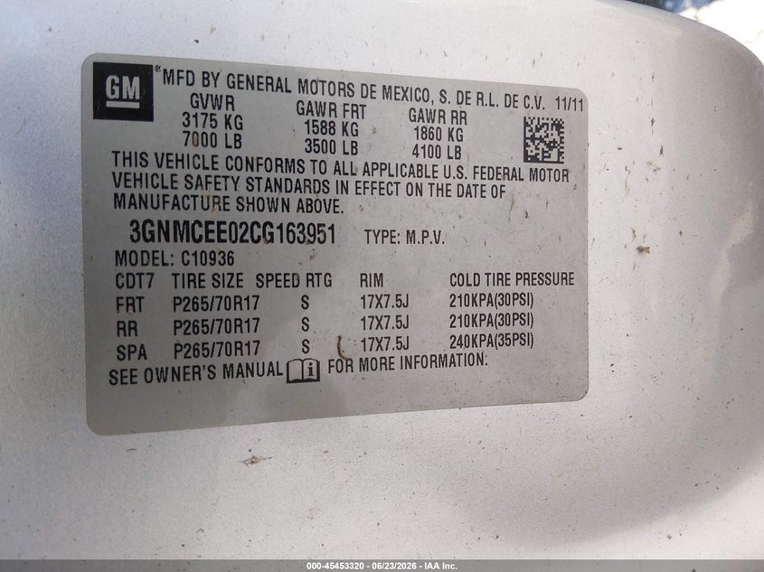 2012 Chevrolet Avalanche Ls VIN: 3GNMCEE02CG163951 Lot: 45453320