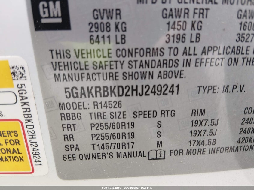 VIN: 5GAKRBKD2HJ249241 2017 BUICK ENCLAVE LEATHER