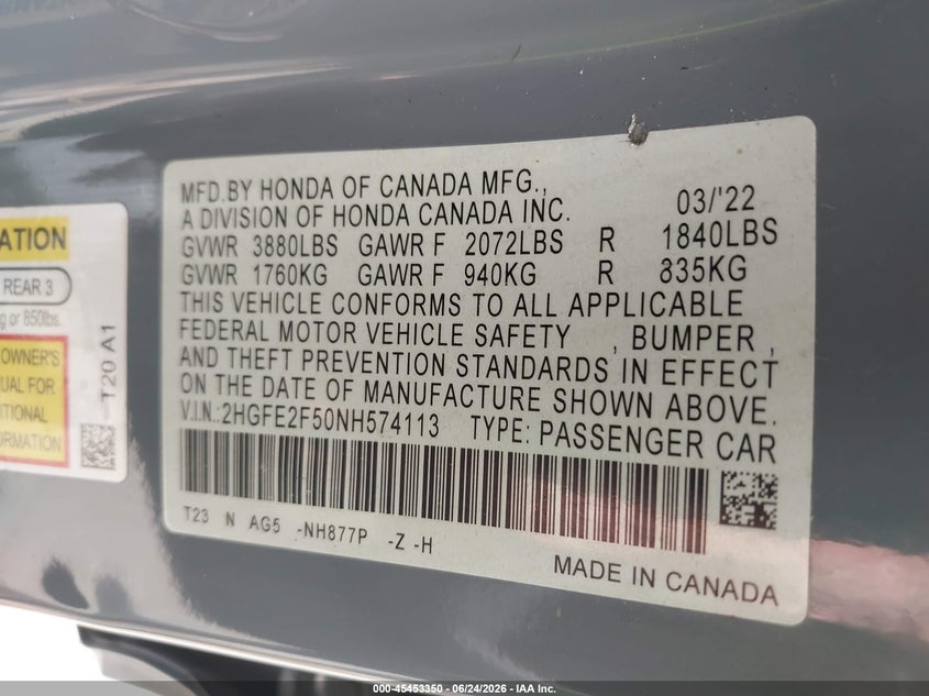 VIN 2HGFE2F50NH574113 2022 HONDA CIVIC SPORT