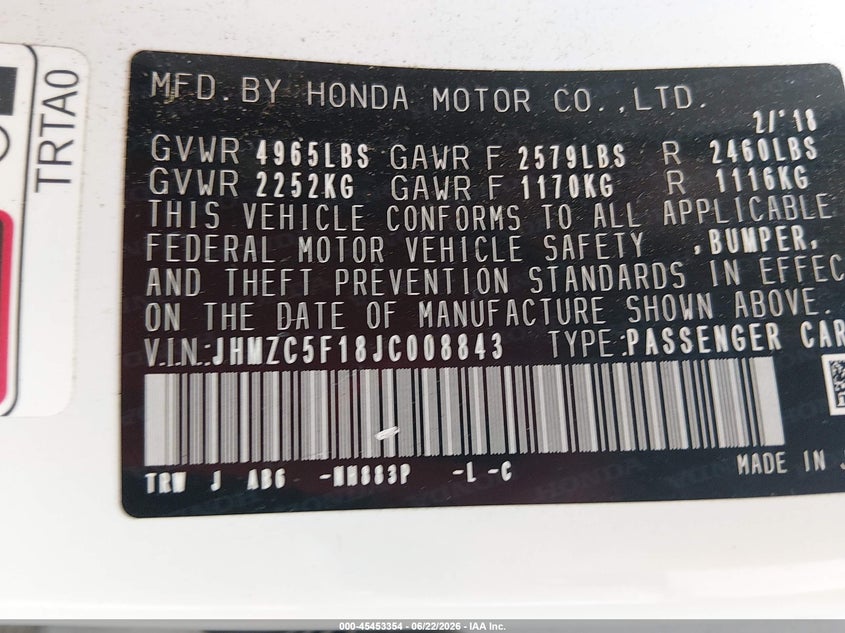 2018 Honda Clarity Plug-In Hybrid VIN: JHMZC5F18JC008843 Lot: 45453354