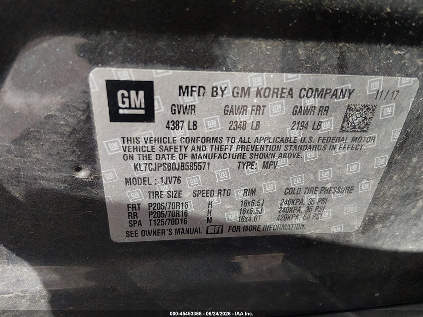 CHEVROLET TRAX 2018 VIN KL7CJPSB0JB585571