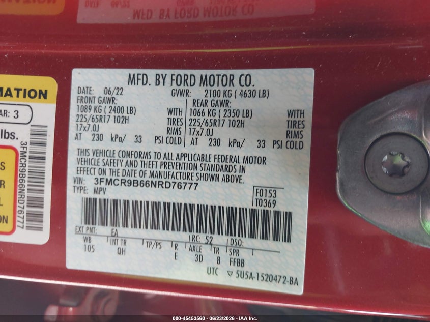 2022 Ford Bronco Sport Big Bend VIN: 3FMCR9B66NRD76777 Lot: 45453560