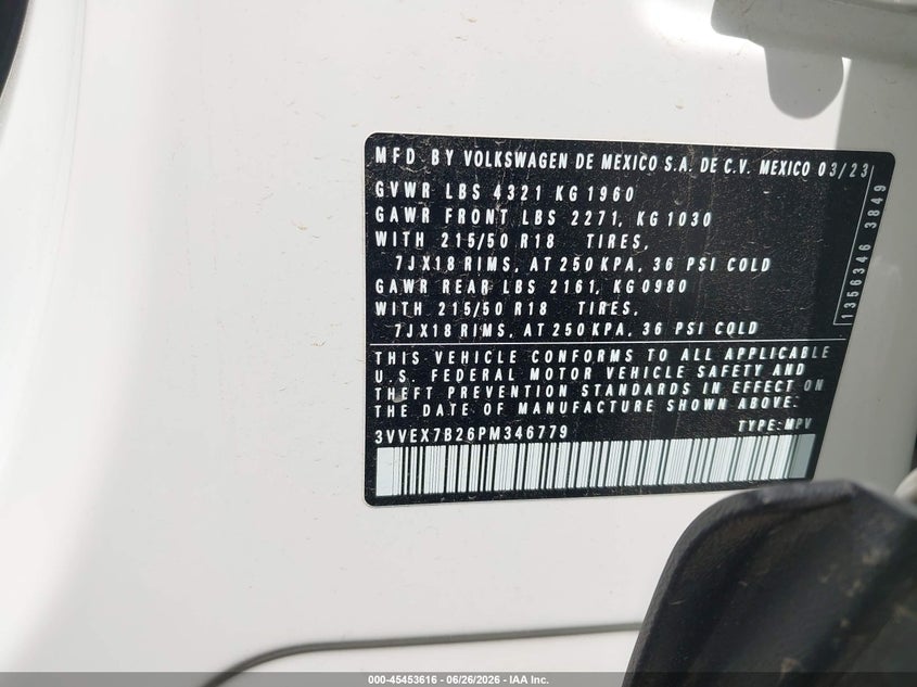 2023 Volkswagen Taos 1.5T Se VIN: 3VVEX7B26PM346779 Lot: 45453616