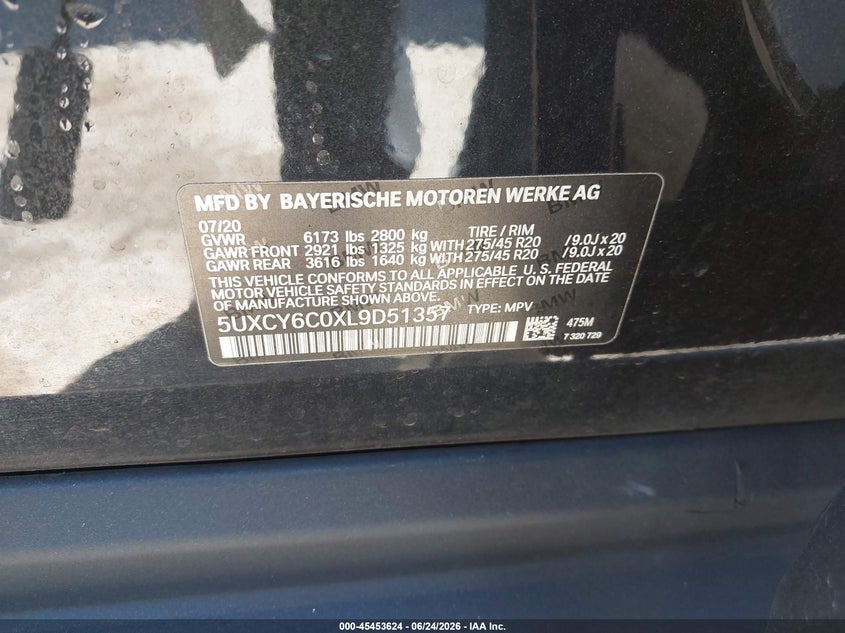 2020 BMW X6 xDrive40I VIN: 5UXCY6C0XL9D51357 Lot: 45453624